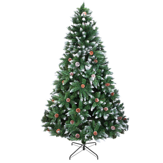 Flocking Spray Christmas Tree, SESSLIFE 6 Ft Artificial Christmas Tree with 920 Tips, 52 Pine Cones Decorations, Hinged Xmas Tree Christmas Decorations for Home Office Store, Green