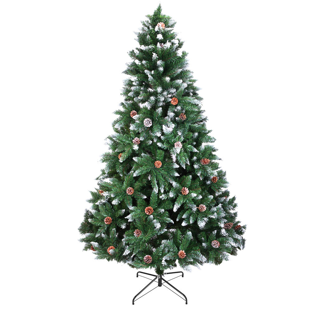 6 Feet Christmas Tree with 920 Tips, SESSLIFE Hinged Flocking Spray Tree Artificial Xmas Tree with Iron Base, 52 Pine Cones, Green Christmas Tree for Indoor Outdoor Holiday Christmas Decorations