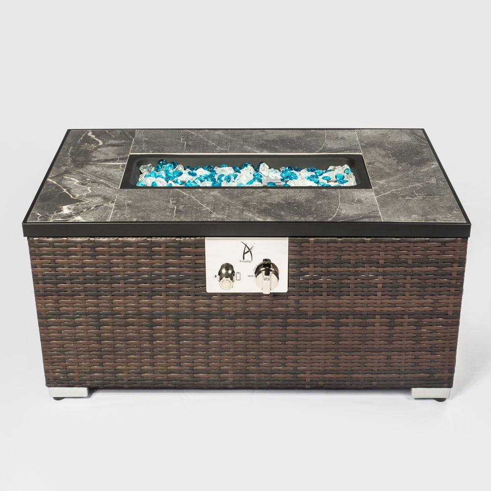 Outdoor Gas Fire Pit, SESSLIFE 32" Rectangle Brown Wicker Propane Fire Table, Ceramic Tile Tabletop Fire Pit with 40,000BTU Stainless Steel Burner/Rocks/Metal Lid/Waterproof Cover/Free Ignition, X929