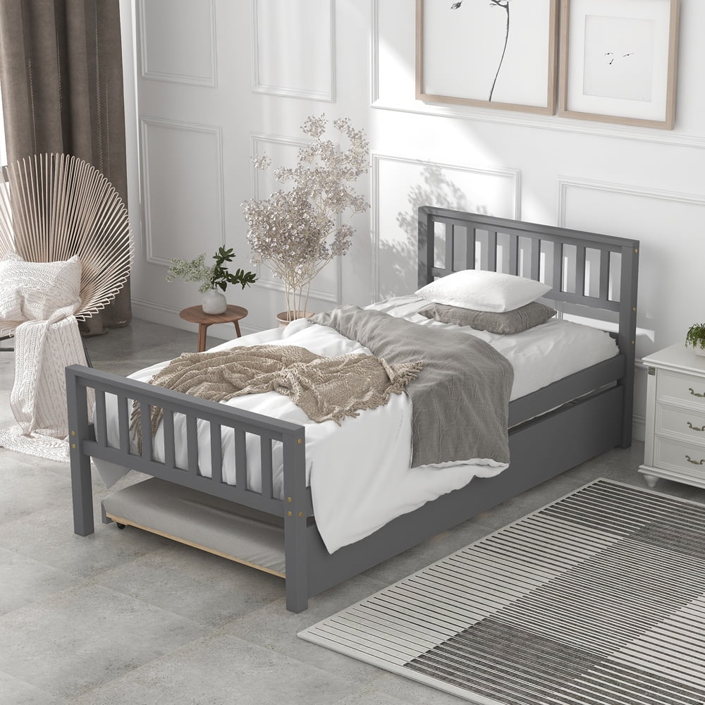 Twin Bed with Headboard and Footboard, Sesslife Gray Bed Frame with Pull Out Trundle, Pine Wood Platform Bed for Kids Teens Boys Girls, Wooden Slats, No Box Spring Needed