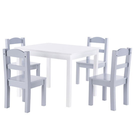 Sesslife White Table Set with 4 Gray Chairs for Ages 3-8, Pine Wood Kids Activity Table Set, Contemporary Table and Chairs with Rounded Corners, Easy to Clean & Assemble, Kid Toddler Furniture 5 Piece