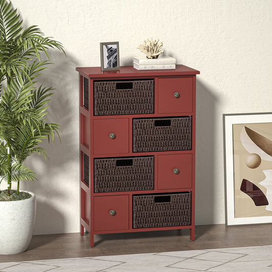 SESSLIFE Red Chest Dresser, Storage Cabinet with Drawers for Bedroom Entryway, Rustic Tall Dresser with 4 Rattan Baskets, Wooden Storage Furniture for Kitchen/Living RoomRoom, X604