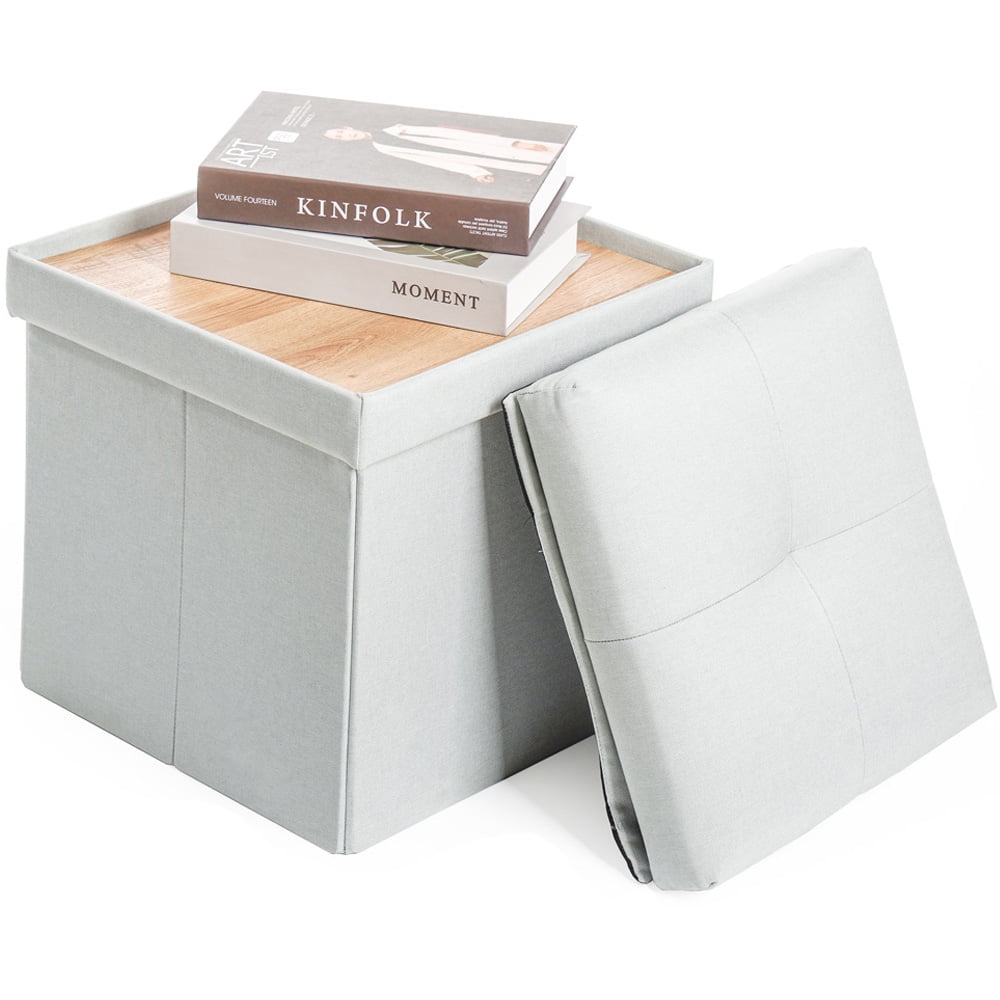 Folding Storage Ottoman, SESSLIFE Square Storage Ottoman Bench for Bedroom Living Room, 14 x 14 x 13 inch Ottoman Storage Box Footstool with Tray/Padded Lid/MDF Frame, White, X961
