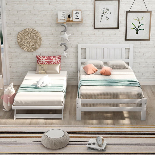 SESSLIFE Platform Bed with Adjustable Trundle, Wood Full Bed Frame with Headboard for Kids Teens Adult, Convertible 2-in-1Modern Beds for Bedroom Guest Room, No Box Spring Needed, White, X2150