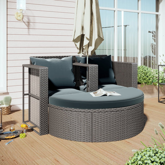 2 Piece Patio Furniture Set, Sesslife Wicker Outdoor Sofa Set with 2-seat Armchair and Half-Round Sofa, Umbrella Hole, 2 Pillows, 3 Cushions, All-Weather Rattan Furniture for Patio Pool Deck, Gray