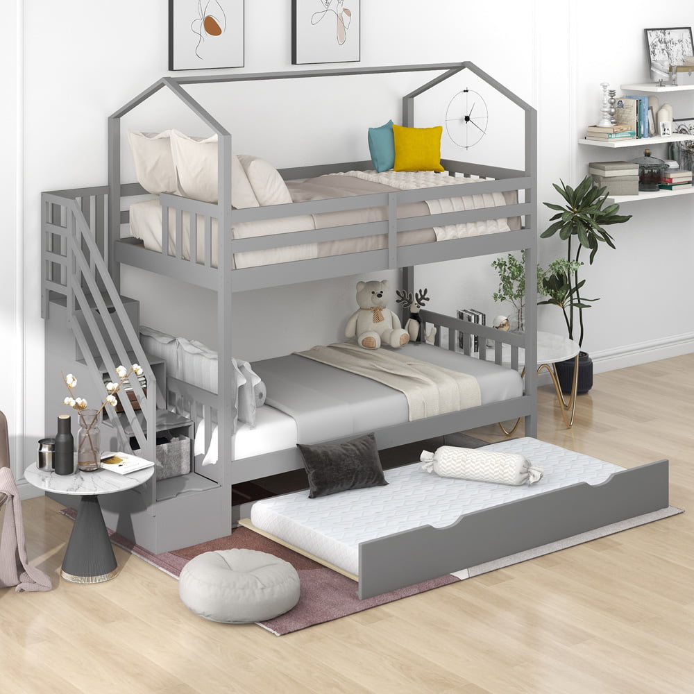 Sesslife Twin over Twin Wood Bunk Bed with Trundle, Kids House Bunk Bed with Guardrail, Storage Staircase, Wood House Bed for Kids, Teens, Easy Assemblem, Grey, X2928