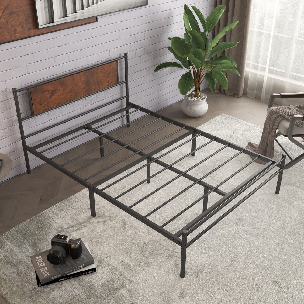 Sesslife Queen Bed Frame with Wood Headboard, Queen Platform Bed Frame No Box Spring Needed, Rustic Style Metal Bed Frame with 900 LBS Capacity for Adults Kids Teen, Bedroom Furniture, Black