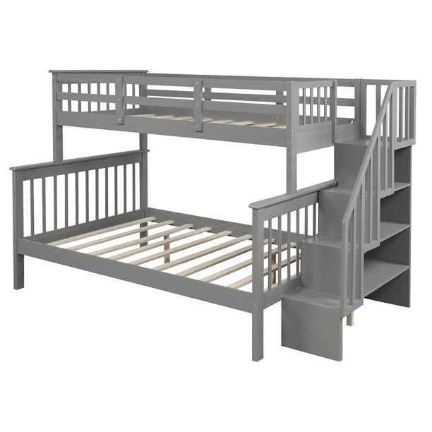 Wood Twin Over Full Bunk Bed for Kids, SESSLIFE Bunk Bed with Stairs and Storage Shelves, Bed Frame with Safety Guardrails & Slats Support, No Box Spring Needed, Gray, X2130