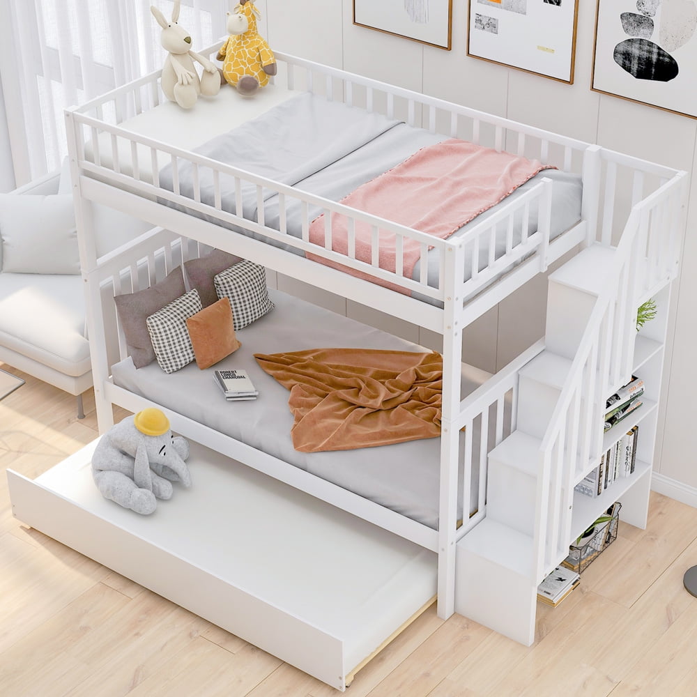 Twin over Twin Bunk Bed with Trundle, SESSLIFE Wood Bunk Bed with Stairs and Storage Shelves, Solid Wood Twin over Twin Bunk Bed for Kid Teen Bedroom, White Kids Bunk Beds No Box Spring Needed, X2355