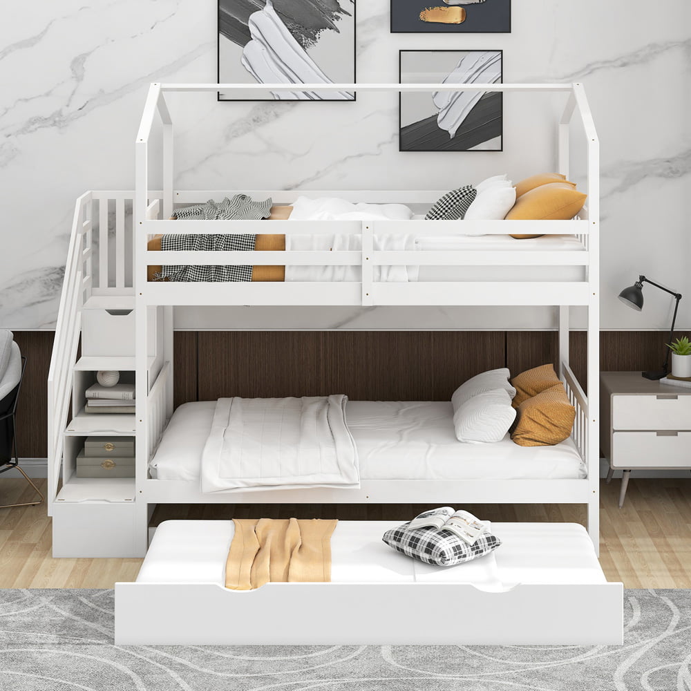 Twin over Twin Wood Bunk Bed with Trundle, Sesslife Kids House Bunk Bed with Guardrail, Storage Staircase, Wood House Bed for Kids, Teens, Easy Assemblem, White, X2939