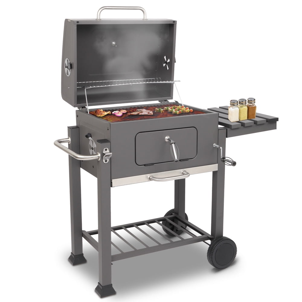 SESSLIFE Outdoor BBQ Grill, Charcoal Grill with Wheels and Temperature Gauge, Black Stainless Steel Barbecue Grill for Patio Backyard Party/Cooking, Gray, X909