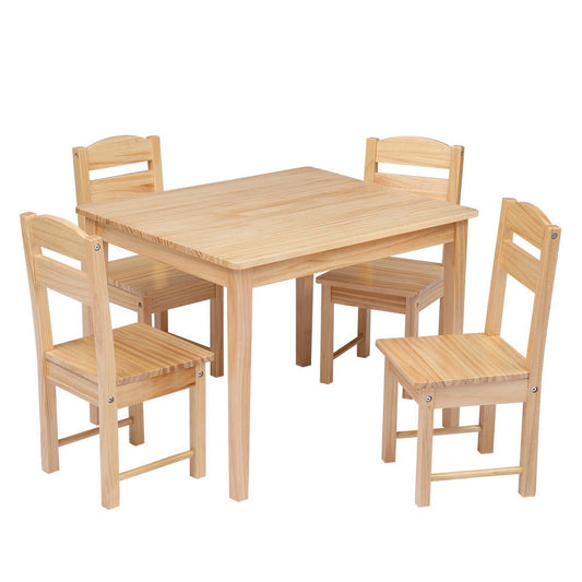 Sesslife Wood Table and Chairs for Kids, 5 Piece Activity Table with 4 Chairs for Play Read Art, Childs Furniture Set for Bedroom Playroom, Study Table and Chairs Set for Ages 3-8 Boy Girl, Wood Color