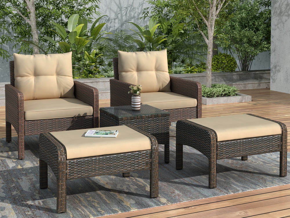 Sesslife Wicker Outdoor Furniture, 5 Piece Patio Conversation Set with 2 Ottoman, 2 Chair, 1 Glass Table, Patio Dining Sets for Lawn Pool, All-Weather Brown Rattan Bistro Set with Brown Cushion, X3167