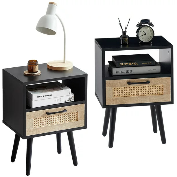 Sesslife Brown Night Stand Set of 2, Solid Wood Legs Furniture Bedside Table, Modern End Side Table with a Drawer and Shelf, Versatile Nightstand, Side Table for Home & Office