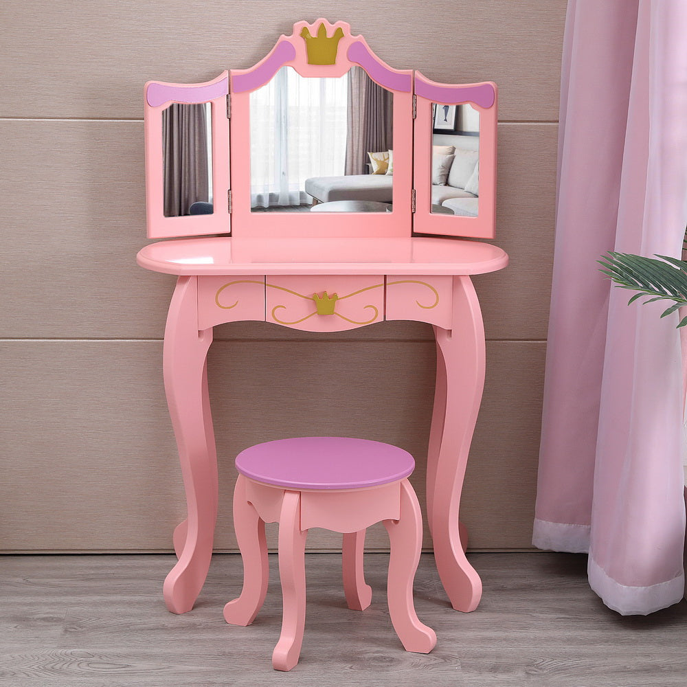 Kids Princess Vanity Table and Chair Set, Kids Vanity Set with Mirror, Makeup Dressing Table for Girls Age 4-9