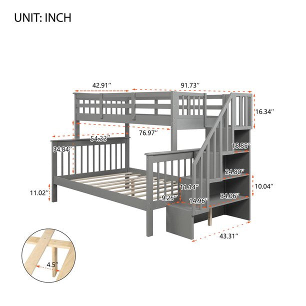 Wood Twin Over Full Bunk Bed for Kids, SESSLIFE Bunk Bed with Stairs and Storage Shelves, Bed Frame with Safety Guardrails & Slats Support, No Box Spring Needed, Gray, X2130