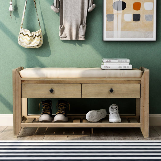 Entryway Storage Bench, SESSLIFE Shoe Bench with Seat Cushion & 3 Drawers & Open Shoe Shelf, Antique Navy, X310