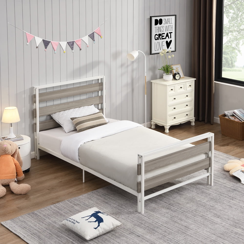 Platform Bed Frames, SESSLIFE Metal Twin Beds with Wooden Headboard and Footboard, No Box Spring Needed, Industrial Bed Frame with 15 Steel Slats for Kids Teens Adults, White, X2824