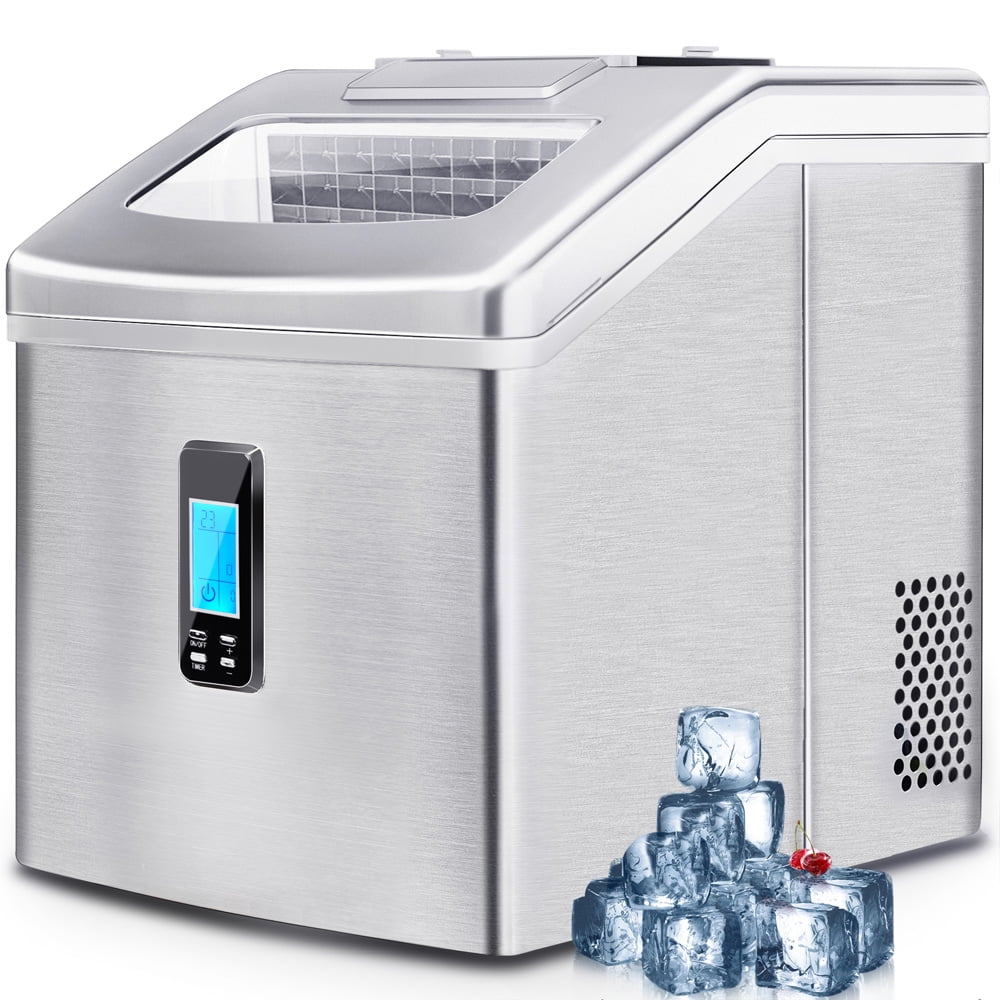 Sesslife Ice Maker for Countertop, 24 Ice Cubes Rready in 15 Mins, 48Lbs/24H Portable Ice Maker with Ice Scoop & Basket, Ice Maker for Home Use/Party/Camping, Silver Stainless Steel Ice Maker