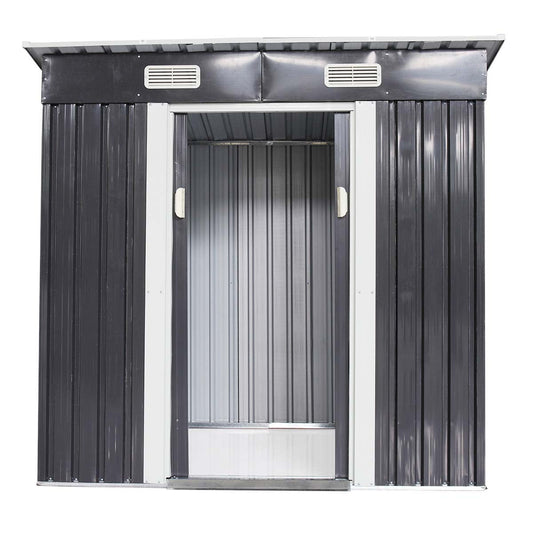 Sesslife Outdoor Storage Shed, 4 x 6 Ft Steel Tool Storage House with Safe Sliding Door and Vents, Outside Garden Storage Room with Sloping Roof for Backyard Lawn Patio, Dark Gray