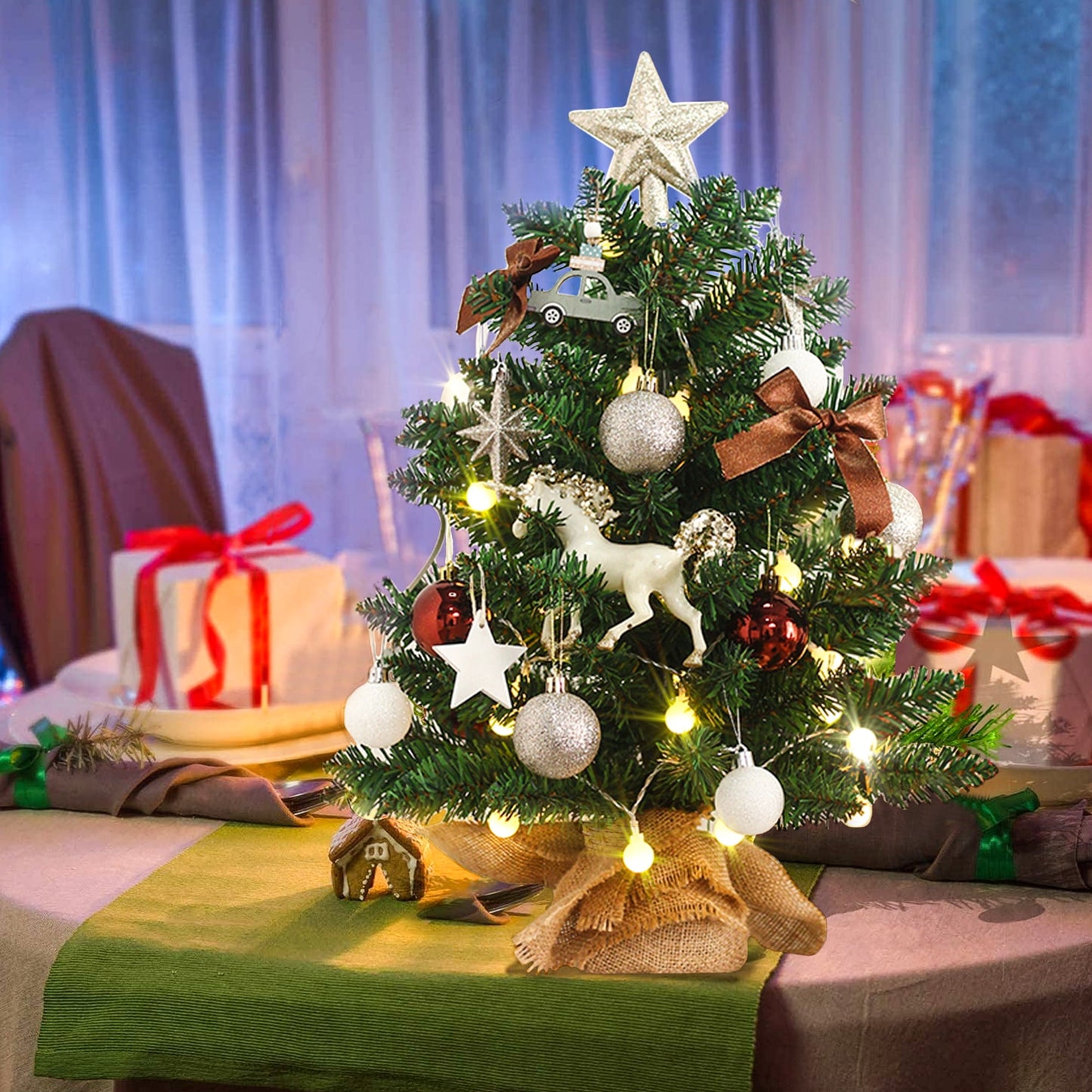 SESSLIFE 20 inch Christmas Tree with Lights, Mini Flocked Tabletop Tree Christmas with Ornaments for Home Party Holiday New Year Christmas Decorations Indoor, Small Table Top Christmas Tree, Green