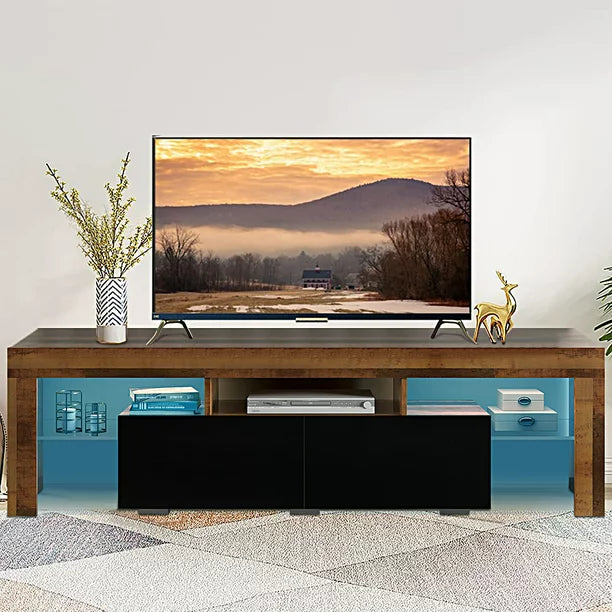 SESSLIFE TV Console Table for 70 Inch TV, Large Television Stand with RGB LED Lights, Farmhouse Wood Entertainment Center， TV Cabinet with 2 Drawers, TV Cabinet for Living Room, Bedroom