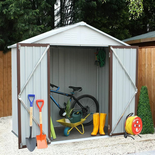 Sesslife Outdoor Storage Shed, 6 x 4 Ft Galvanized Steel Tool Storage House with Lockable Door, Vents, Wall Hooks, Outside Garden Storage Room with Sloping Roof for Backyard Lawn, White