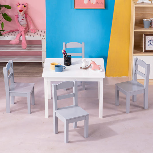 White Table Set with 4 Gray Chairs for Ages 3-8, Sesslife Pine Wood Kids Activity Table Set, Contemporary Table and Chairs with Rounded Corners, Easy to Clean & Assemble, Kid Toddler Furniture 5 Piece