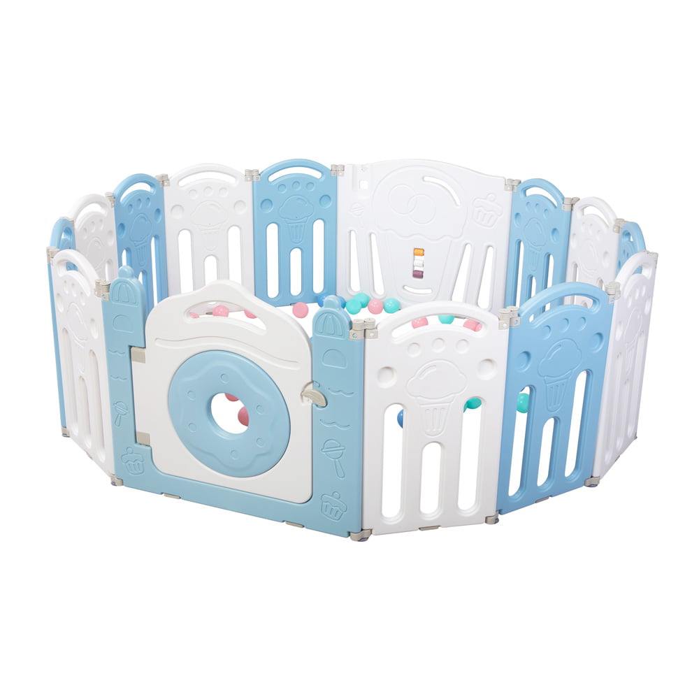 Baby Playpens for Infants Toddler, SESSLIFE Foldable 14 Panels Play Yards with Lock Door, Baby Play Pens Activity Center, Indoor Playpen for Living Room Bedroom Playroom, Blue & White, X2861