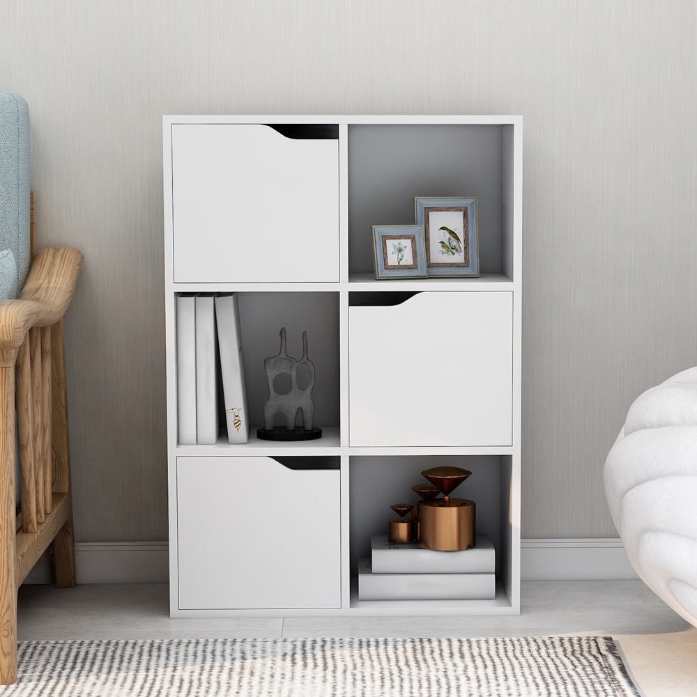 Sesslife Bookcase with 3 Open Cubes and 3 Cabinet, 3 Tier Wood Bookcase Book Shelf with Storage, Standing Book Organizer Unit for Living Room, Bedroom, Living Room, Office, Study, White
