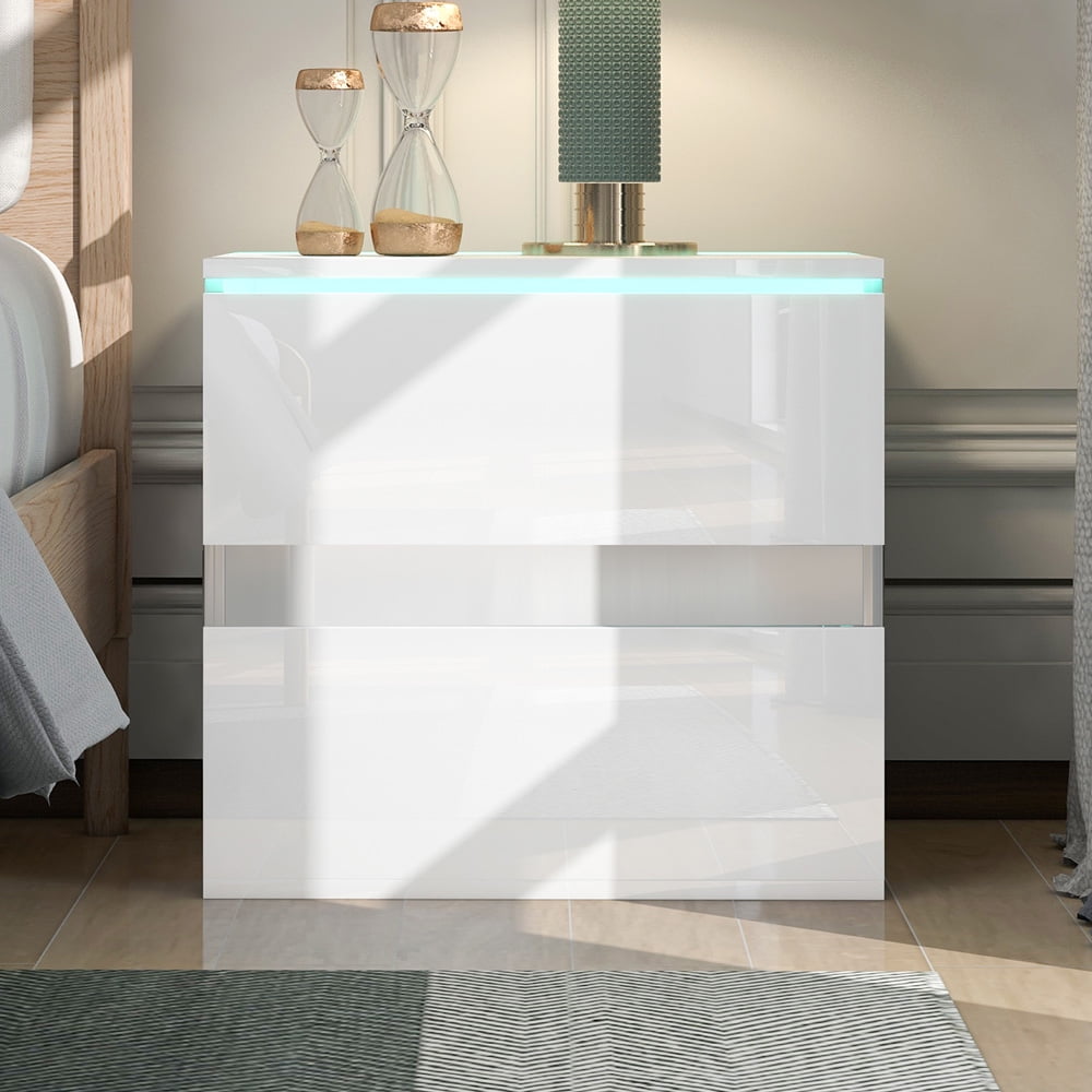 White Nightstand for Bedroom with 2 Drawers, Sesslife Modern Bedside Table with USB Charging Ports and Outlets, LED Light, Multifunctional Wood Side Table