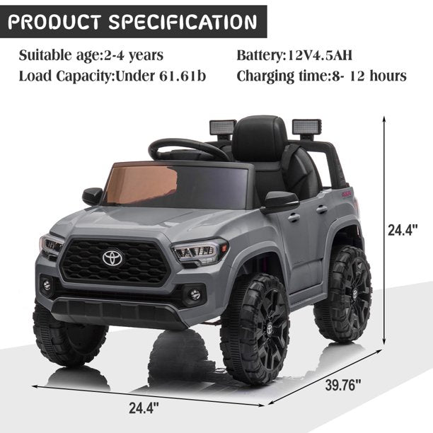 Official Licensed Toyota Tacoma Powered Ride-on with Remote, 12V Ride on Car for 2-4 Years Old, Kids Ride on Toys with MP3 Player, Radio, Lights, Gray Electric Ride on Vehicle for Boys