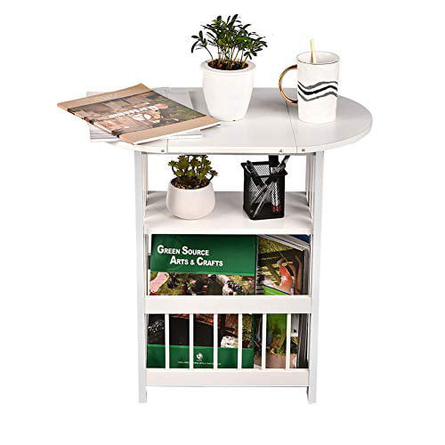 3-Tier Wood Magazine Rack, SESSLIFE Folding End Table with Rotating Tabletop, Storage Side Table for Sofa Bed Side, White Nightstand Bedside Table for Bedroom Living Room Office, X2439