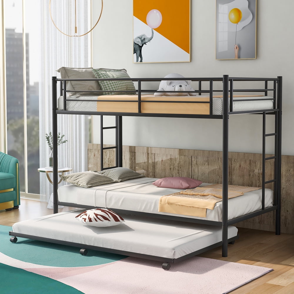 Metal Bunk Bed with Trundle, SESSLIFE Twin over Twin Bunk Bed with Ladders and Guardrails for Kids, No Box Spring Needed, Black, X2628