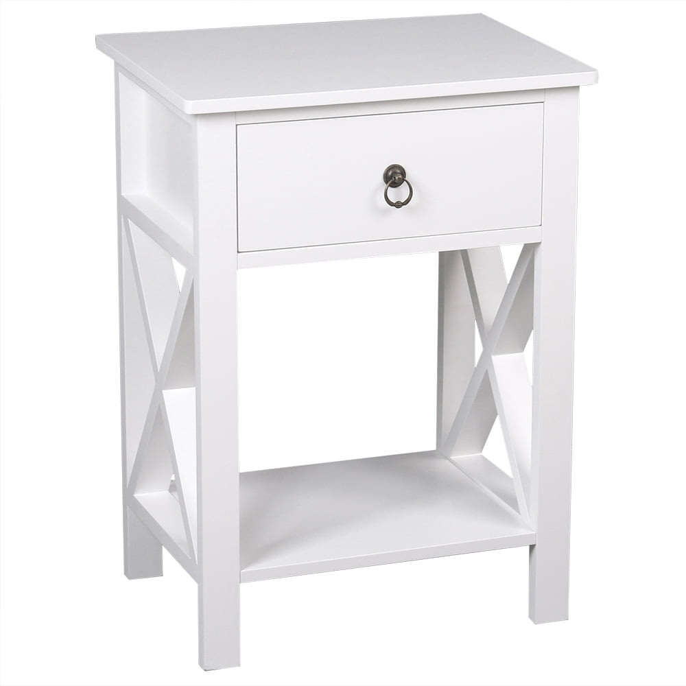 Sesslife Wood Nightstand, Modern Bedside Table with Drawer and Shelf, White Night Stands for Bedroom, End Tables for Living Room, 2 Tiers Sofa Tables for Home