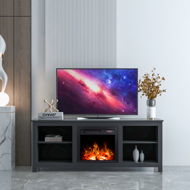 Sesslife Electric Fireplace TV Stand for TV's up to 65 Inches, Modern Farmhouse Entertainment Center with Storage Shelves, White