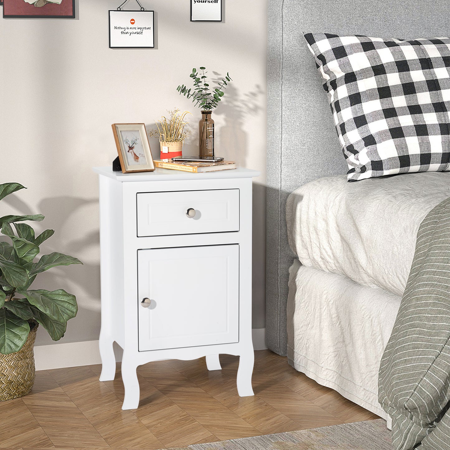 Sesslife Nightstand w/Solid Wood Feet, Modern End Table w/Drawer and Cabinet, Easy Assembly Sofa Side Table, Widely-Match Bedside Table for Bedroom Living Room, Office, White