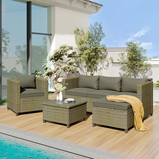 Gray Wicker Outdoor Furniture Sets, Sesslife 5 Piece Sectional Sofa Set with PE Rattan 3-Seater Sofa, Coffee Table, Chair, Gray Cushions, Patio Seating Conversation Set for Backyard, Porch, Garden