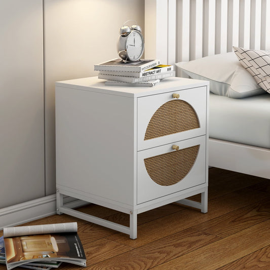 Bedside Table with Drawers, Sesslife End Table for Bedroom Living Room, Storage Side Table with Iron Frame and Round Handle, Modern Wood Nightstand with Natural Rattan Decor, White