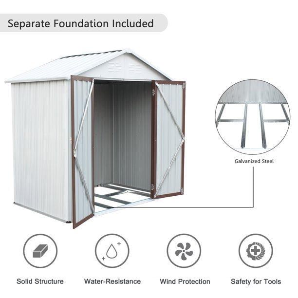 Sesslife Tool Storage Shed, 6 x 4 Ft Storage House with Vents, Hooks, Galvanized Steel Garden Shed with Hinged Door and Padlock, 75.6" Tall Verticle Outdoor Storage Shed for Patio Lawn Backyard, White