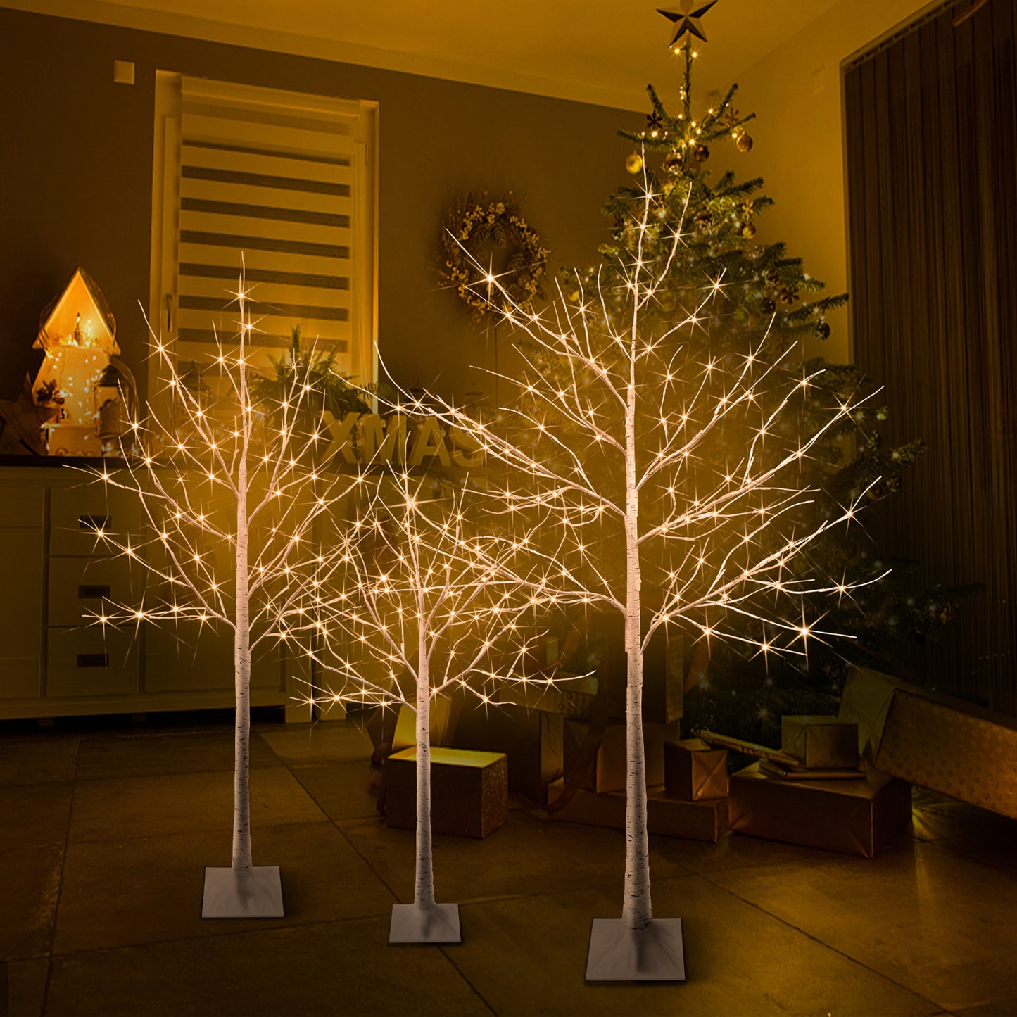 Birch Tree with Lights, 3 Pieces Warm White Led Artificial Birch Trees, 4ft 48 Leds/5ft 56 Leds/6ft 96 LEDs, Birch Twig Tree Lights Christmas Ornament, DT2