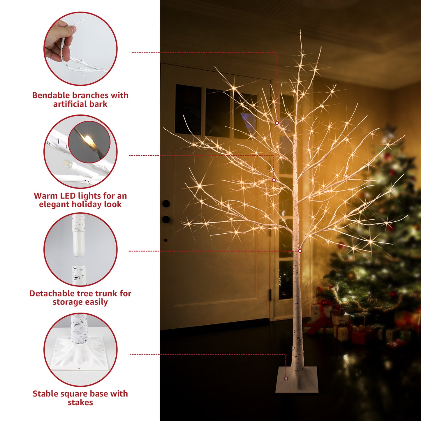 Birch Tree with Lights, 3 Pieces Warm White Led Artificial Birch Trees, 4ft 48 Leds/5ft 56 Leds/6ft 96 LEDs, Birch Twig Tree Lights Christmas Ornament, DT2