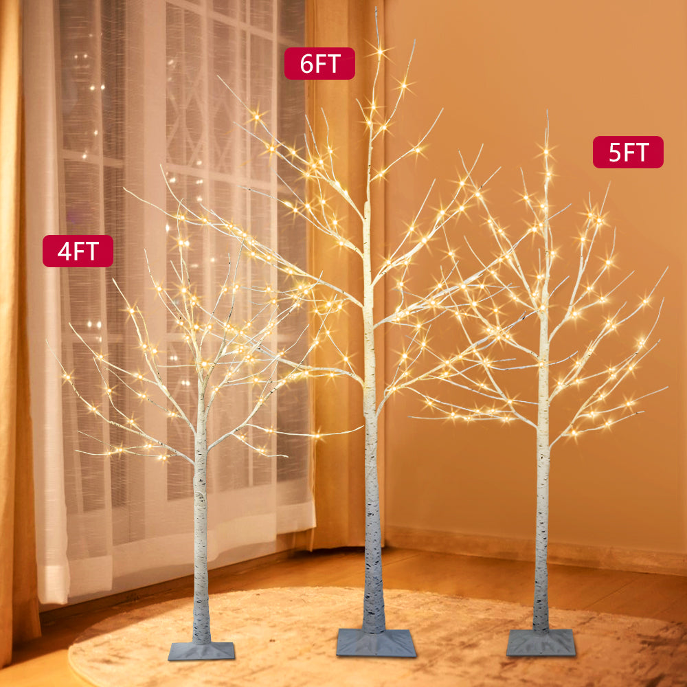 Birch Tree with Lights, 3 Pieces Warm White Led Artificial Birch Trees, 4ft 48 Leds/5ft 56 Leds/6ft 96 LEDs, Birch Twig Tree Lights Christmas Ornament, DT2