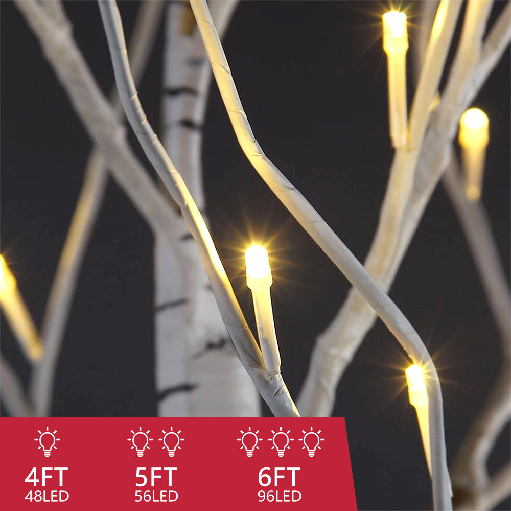 Birch Tree with Lights, 3 Pieces Warm White Led Artificial Birch Trees, 4ft 48 Leds/5ft 56 Leds/6ft 96 LEDs, Birch Twig Tree Lights Christmas Ornament, DT2