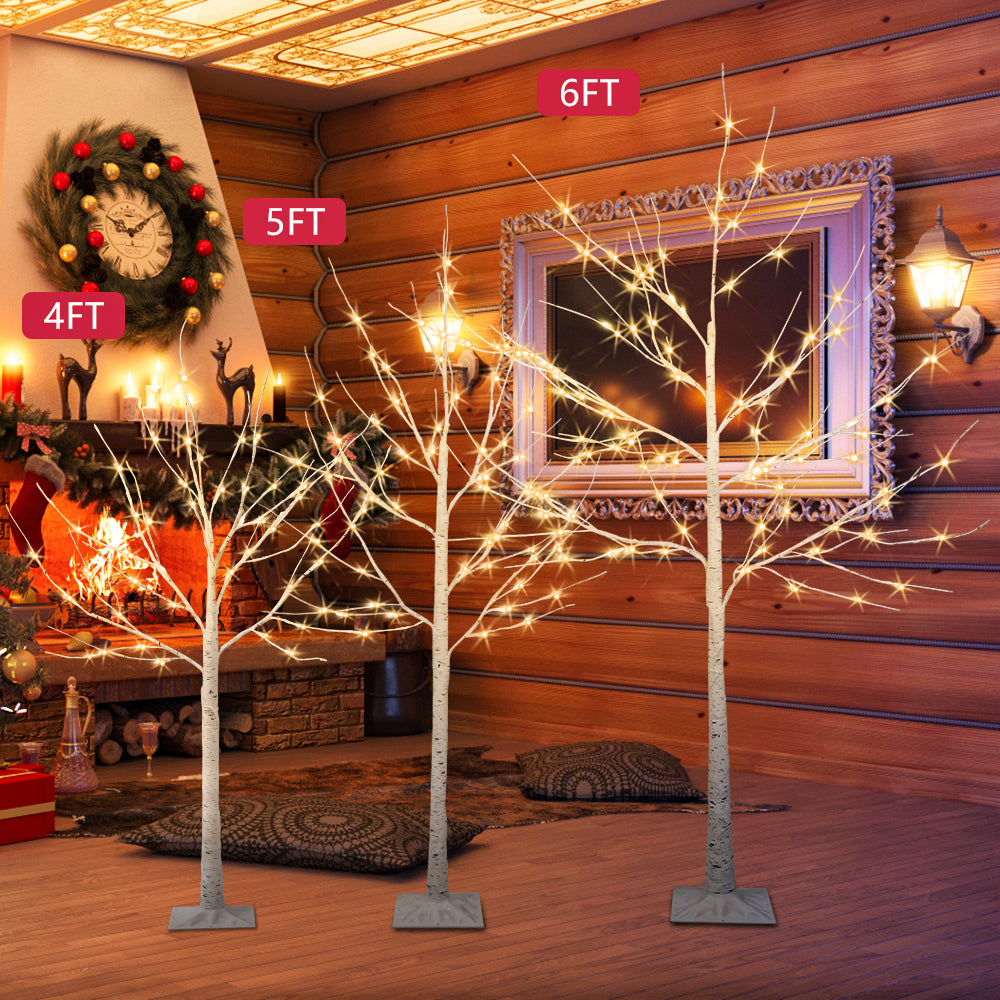 Birch Tree with Lights, 3 Pieces Warm White Led Artificial Birch Trees, 4ft 48 Leds/5ft 56 Leds/6ft 96 LEDs, Birch Twig Tree Lights Christmas Ornament, DT2