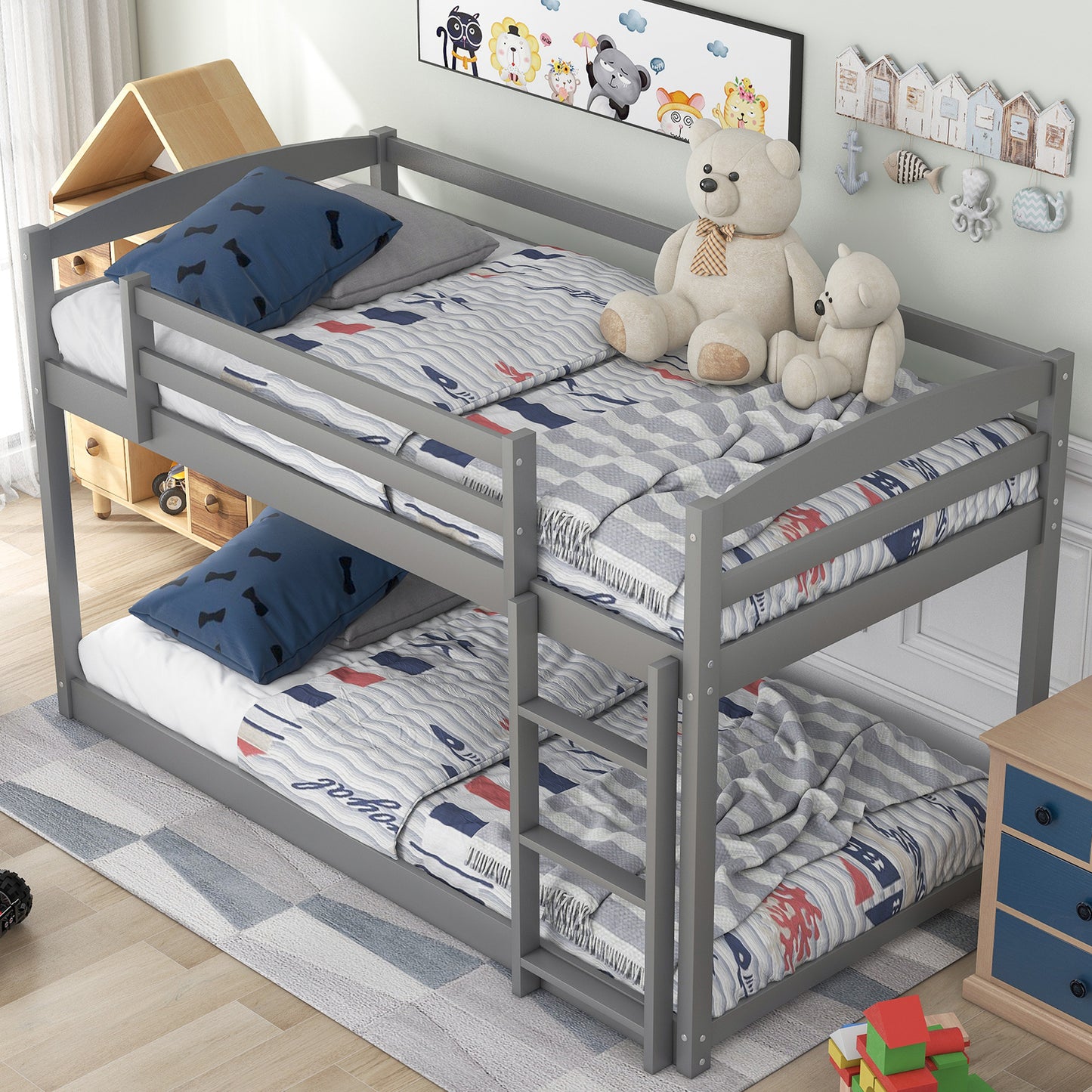 Floor Bunk Bed with Convertible Slide and Ladder, Wood Bunk Beds with Guardrail for Boys Girls Toddlers, Gray Twin Over Twin Bunk Bed, DT12