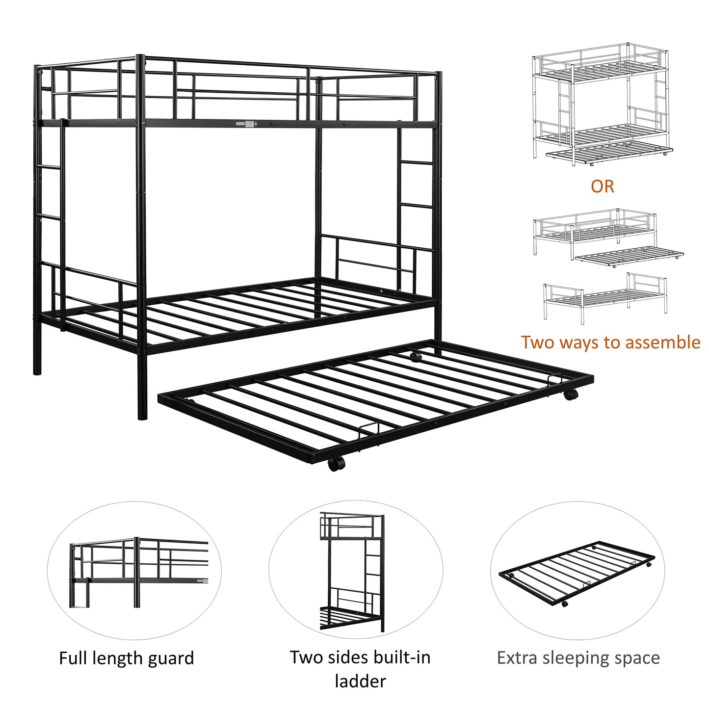 Twin Over Twin Bunk Bed, Metal Bunk Bed for Kids with Trundle, Ladder and Safety Rail, DT15