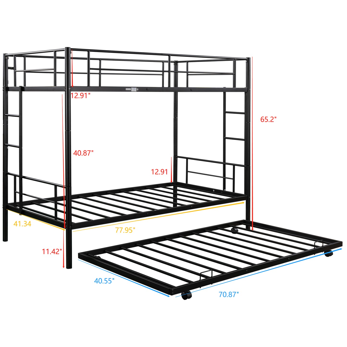 Twin Over Twin Bunk Bed, Metal Bunk Bed for Kids with Trundle, Ladder and Safety Rail, DT15