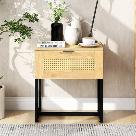 SESSLIFE Mid Century Modern Nightstand with Rattan Drawer, End Table with Storage for Bedroom Living Room, Small Space Wood Bedside Table, 19.7(L) x 15.7(W) x 21.7(H)inches, X2867