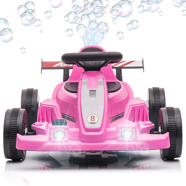 Powered Go Kart for Boy Girl with Bubble Function, Sesslife 6V Electric Pedal Go Kart with LED Light, Horn, Ride on Toys for Outdoor Indoor, Go Kart for Ages 2 Years and Older, Pink